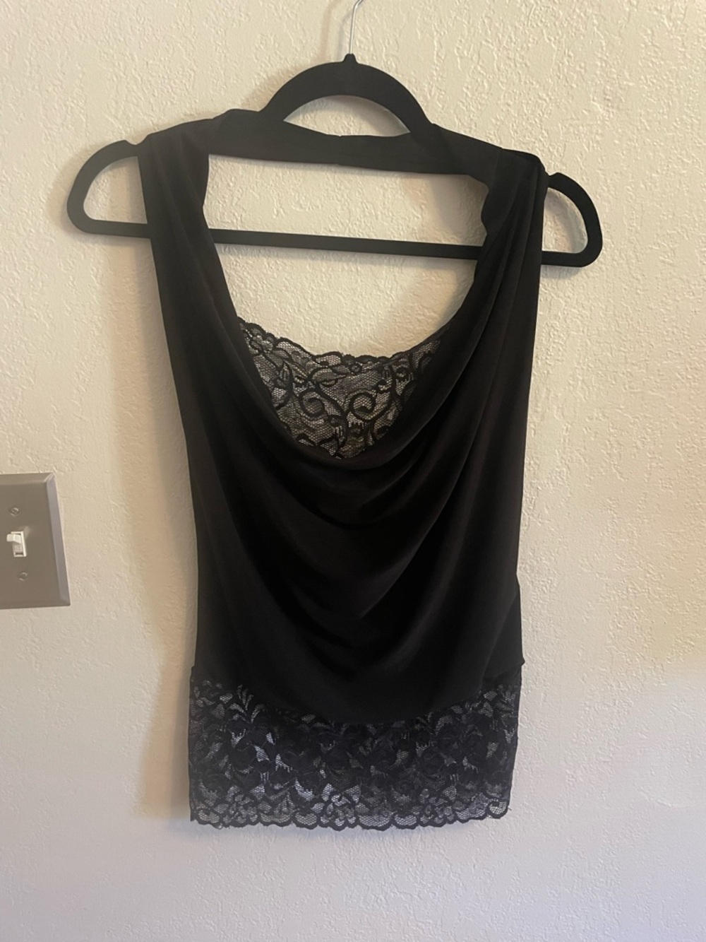 Y2K Black Lace Trim Halter Cowl Neck Tank Top